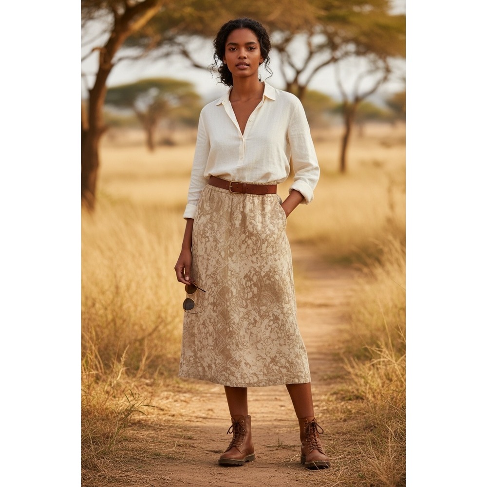 Chicos Upcycled Bleach Design Midi Skirt Tan Beige Elastic Waist A-Line Boho